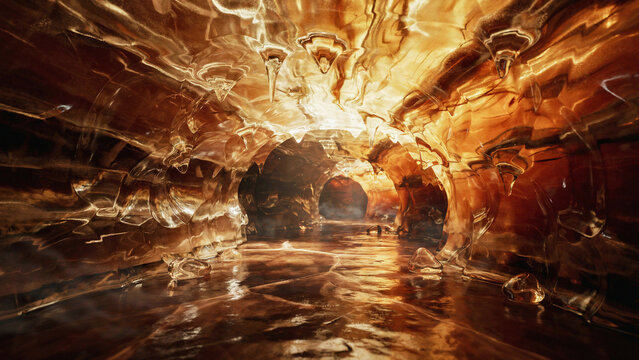 Illuminated underground cavern interior with flowing water and amber rock textures limestone underground reflection formation stalactites subterranean landscape adventure exploration