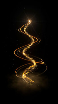 Curving path of warm glowing light trails winding downward in a dark vertical space with sci fi background vertical abstract movement technology illumination