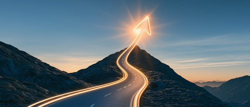Ascending to Success: A winding road culminates in a radiant arrow, piercing the sky atop a majestic mountain peak, symbolizing ambition and the journey towards triumph.