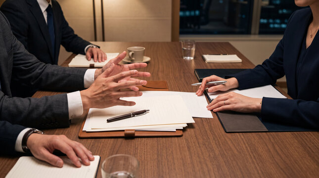 会議室での商談・交渉の手元アップ：合意を導くビジネス交渉の場