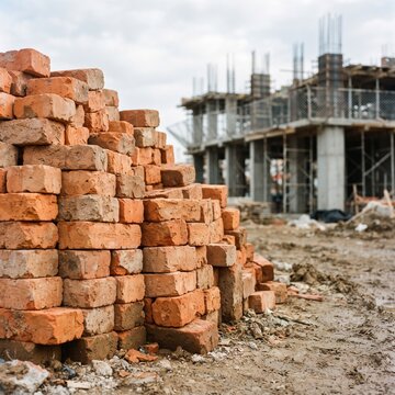 Stacked terracotta bricks beside an unfinished building
