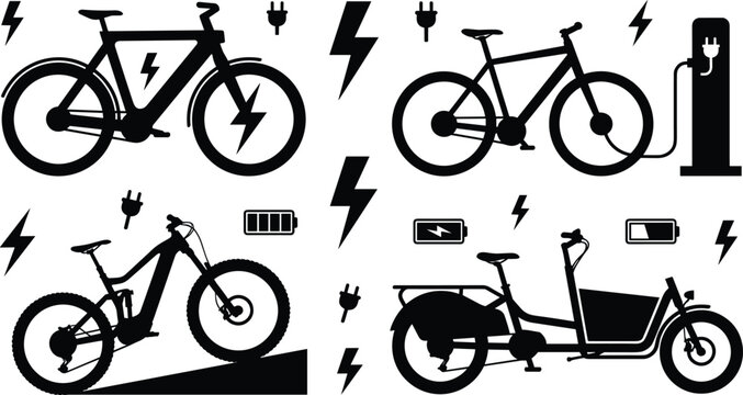Electric bicycle vector silhouette icon set featuring e-bike charging station, battery indicator levels, lightning bolt symbols, and cargo bike illustrations