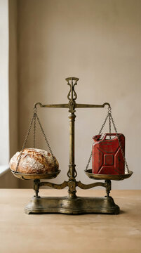 Antique brass scale weighing a bread loaf against a red fuel can