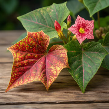 Botanical beauty and nature conservation, exotic ipomoea batatas plant with variegated foliage and pink flower on rustic wooden table for home decor