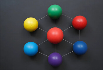 Obraz premium Connectivity and network structure colorful spheres connected by lines communication teamwork and complex systems on a dark background