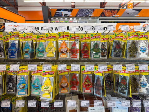 Aubrey, Texas, USA - September 22nd, 2026: Little Trees air fresheners hanging on display rack inside AutoZone retail store