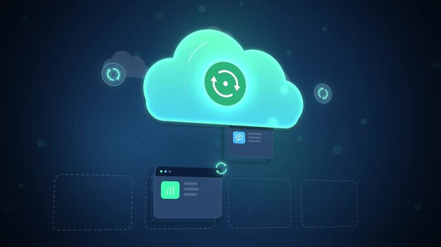Glowing mint cloud with sync icon and app windows rising on navy