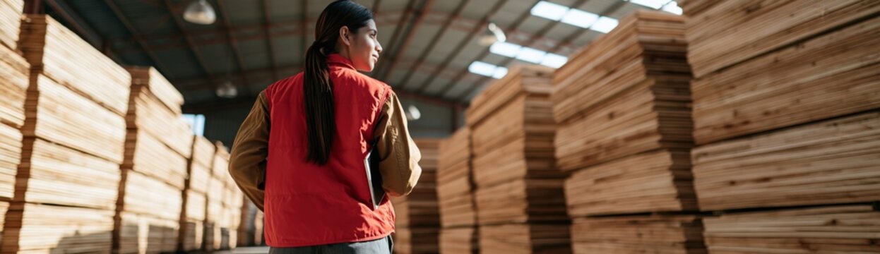 Warehouse lumber worker in red safety vest surveying stacked planks for stocktaking and site inspection background for industrial banner and storage design