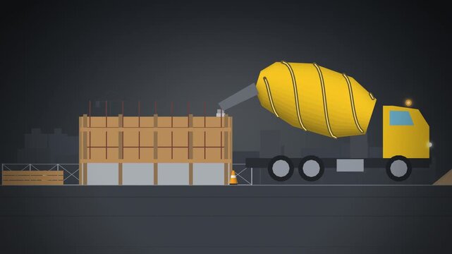 Yellow concrete mixer truck pouring into formwork on charcoal