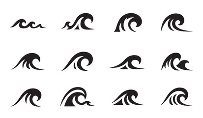 Fototapeta premium Set of black wave silhouettes, illustrating ocean motion and water elements for design.