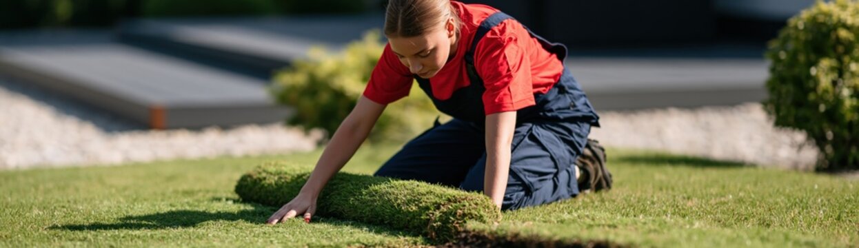 Worker unrolling a sod roll on a residential garden lawn for yard renovation background and landscaping advertisement banner