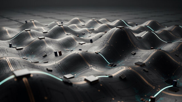 High-tech abstract terrain with glowing circuit lines and dark mounds abstract technology connection landscape structure geometry perspective infrastructure topography communication