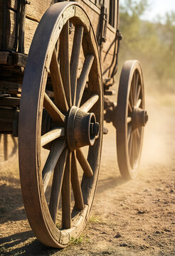 Westward expansion and pioneer history, wooden wagon wheels rolling on a dusty trail during the American frontier migration in the nineteenth century