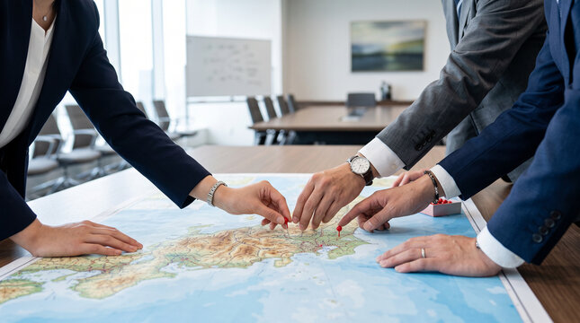 顔の写らない構図で捉えた地図を広げた計画づくりのシーン：進むべき方向を定める事業計画