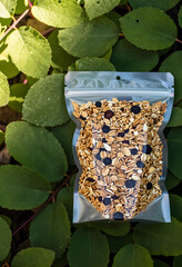 Fototapeta premium Healthy nutrition and organic food, granola mix in a clear plastic pouch on green leaves for sustainable lifestyle and natural snack product branding