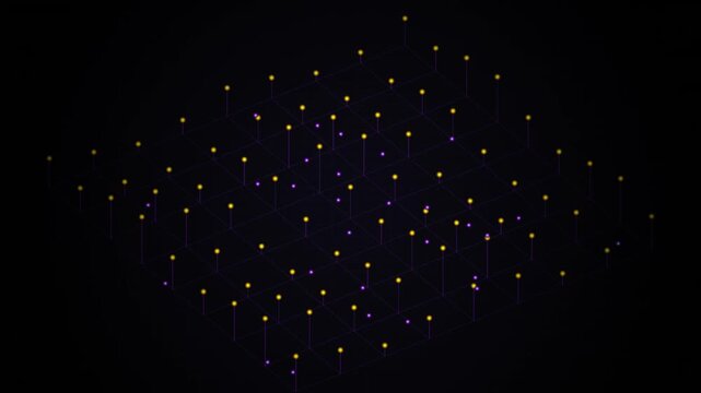 Abstract data grid animation with moving nodes and glowing particles on dark background.