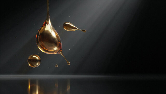 Multiple golden liquid droplets suspended in dark atmospheric space with droplets floating suspended reflection spotlight minimalist luxurious abstract chemistry background cosmetic