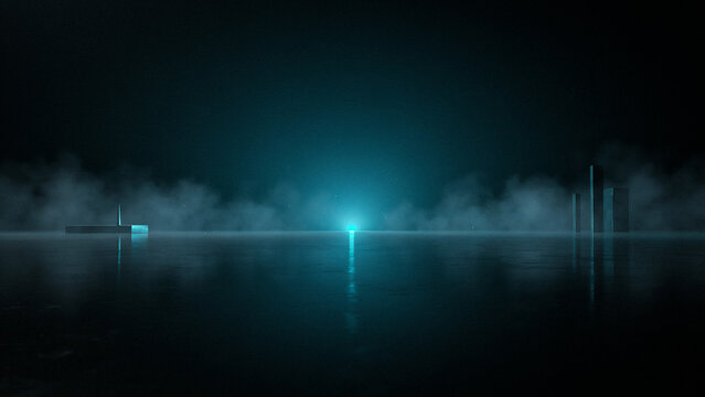 Dark moody horizon with distant glowing lights and misty atmosphere over calm water sci fi twilight reflection peaceful landscape environment architecture building futuristic cyberpunk