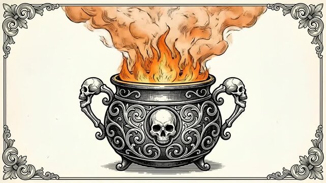 Vintage engraved cauldron with fire and smoke inside ornate frame