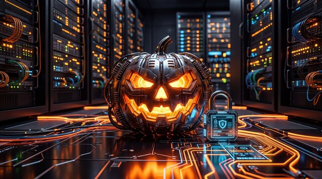 Cybernetic Jack‑O‑Lantern Illuminates Secure Server Aisle with Glowing Orange Eyes, Digital Padlock, Neon Blue Circuit Floor, and High‑Tech Security Theme in Futuristic Data Center