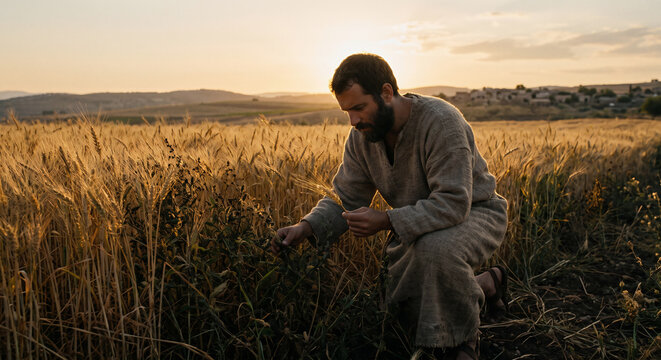 The parable of the tares among the wheat, Matthew 13 New Testament biblical scene, wheat field and weeds, harvest judgment, Christian religious illustration