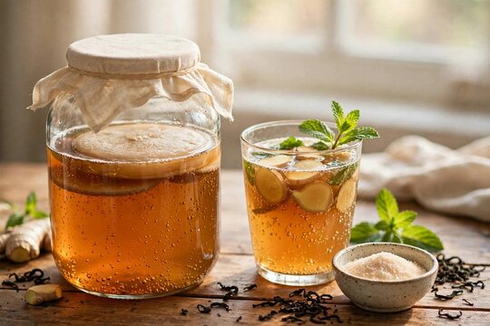 Home kombucha brewing with scoby jar and fizzy ginger glass