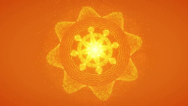 Golden glowing particle mandala patterns rotate and pulse smoothly over a vibrant orange backdrop in a 3D motion graphic