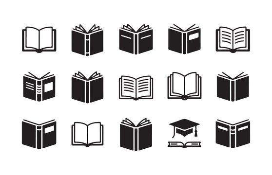 Set of black book vector icons representing various academic resources literature reading educational study materials.