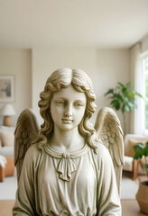 Fototapeta premium Spirituality and peace, stone angel statue with wings in a bright home interior, religious decor and mindfulness for meditation and wellness
