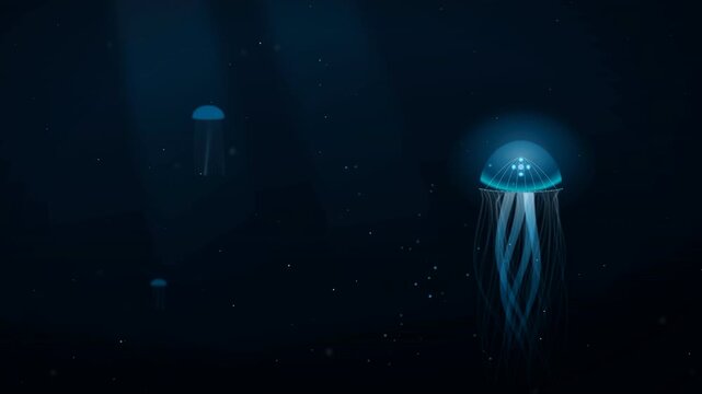 Deep sea bioluminescent glowing jellyfish in abyssal indigo ocean
