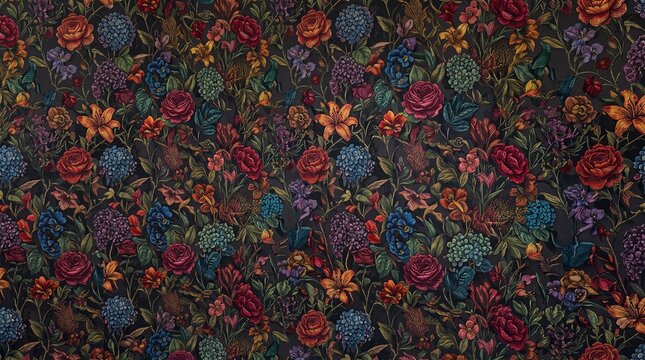 Dark Vintage Botanical Floral Pattern with Roses and Wildflowers on Black Background