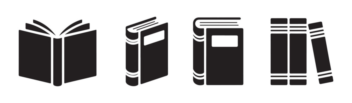 Minimalist black book and encyclopedia vector icons for academic research and educational app design.