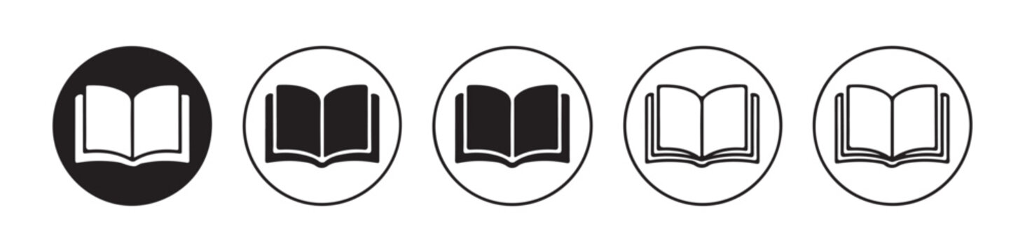 Open book icon set with circular frames in minimalist black line style for educational literature and design projects.