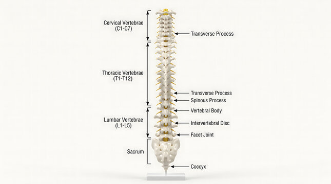 Detailed human spinal column model with labeled sections and individual vertebrae structures on a white background medical.