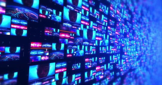 Abstract video wall background with thousands of small moving screens and blue glowing technology graphics.
