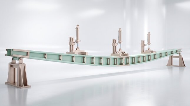Curved metal beam supported by stands, with hydraulic jacks applying pressure, demonstrating material stress testing and structural integrity.