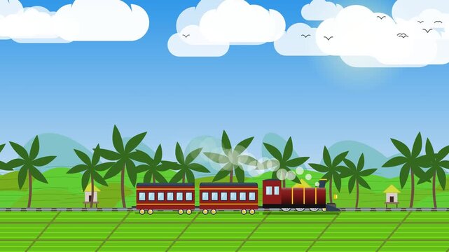 Seamless loop animation of a classic steam locomotive train traveling through lush green rice terraces and tropical paddies under a bright sunny sky.
