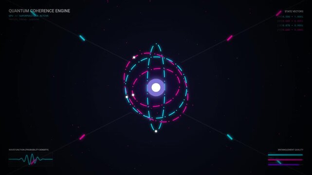 Futuristic quantum technology hologram interface displaying atomic structure visualization