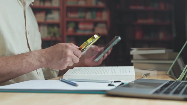 Research requires focus as researcher conducts research, studying literature while digital research helps analyze detailed evidence on desk.