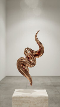 Abstract bronze twisted metal sculpture on a stone pedestal in a gallery with bronze colored gallery space sculpture abstract pedestal interior sculptural metallic artistic creative sculpted