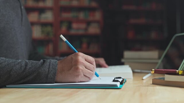 Focused student engages in serious study at wooden desk, writing notes during evening study, balancing literature reading study tasks.