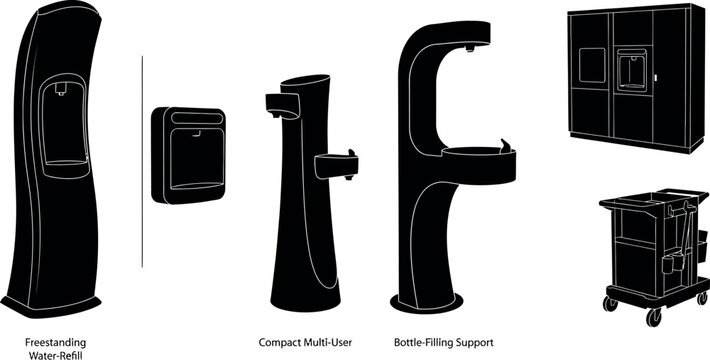Freestanding water refiller multi-user bottle filler and e-filling