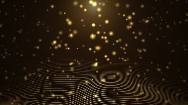 Gold Particle Wave Motion Background with Glowing Floating Bokeh Dust and Elegant Light Sine Curves