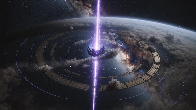 Cracking glowing sphere emitting purple beam above planet, slicing ring and shedding debris