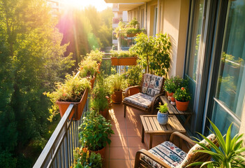 Fototapeta premium Urban gardening and sustainable living, cozy apartment balcony with potted plants and wooden furniture during golden hour sunset in residential area