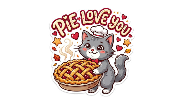 A cute grey cat baker holding a freshly baked pie with the funny pun text Pie Love You on a white background
