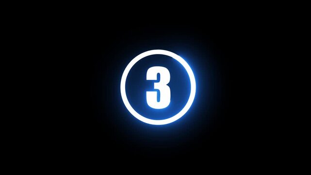 Minimalist 3 Seconds Neon Light Ring Countdown Clock on Black Background and Top 3 Seconds Countdown Video Overlay | Electric Blue Glowing Ring Timer motion graphics