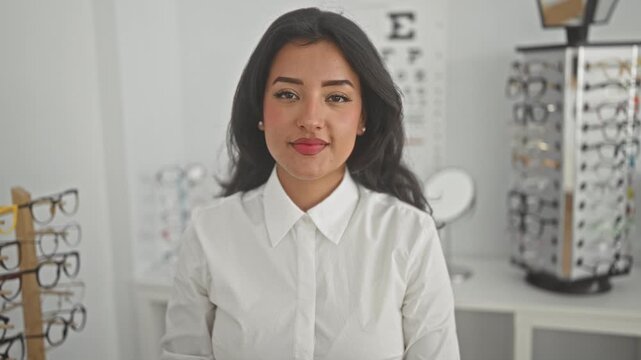 Woman smiles while holding an occluder over one eye, seated in front of eyeglasses rack and snellen chart in building; professional care.