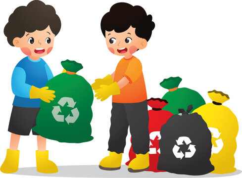 Children Sorting Recyclable Trash Bags for Environmental Cleanup Activity