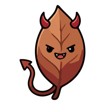 Cute brown devil leaf with horns and tail, Halloween cartoon illustration